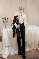 Black/White [Oath Knight] Lapel Collar Long Sleeves Ruffled Embroidered Gothic Ouji Lolita Set - Product - 4