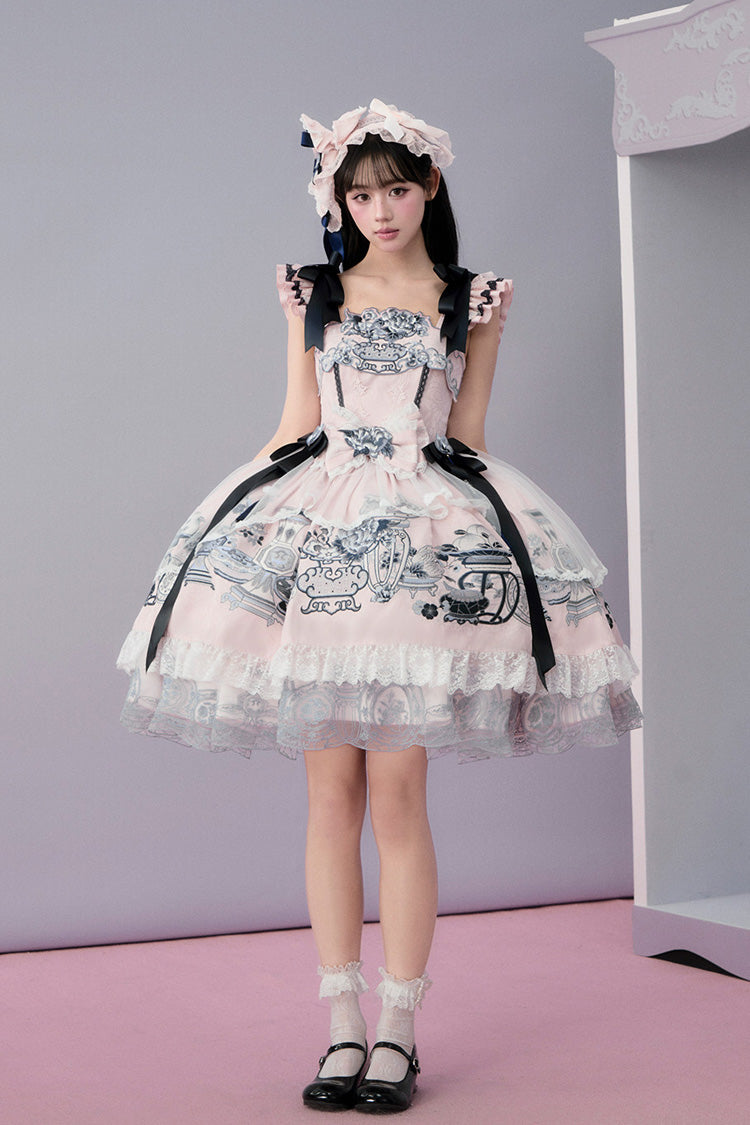 Pink [Celadon Jade Cup] Square Collar Flutter Sleeves Printed Ruffled Embroidered Bow Lace Classic Chinese Inspired Lolita Jsk Dress - Pink - 1