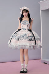 Pink [Celadon Jade Cup] Square Collar Flutter Sleeves Printed Ruffled Embroidered Bow Lace Classic Chinese Inspired Lolita Jsk Dress - Pink - 1
