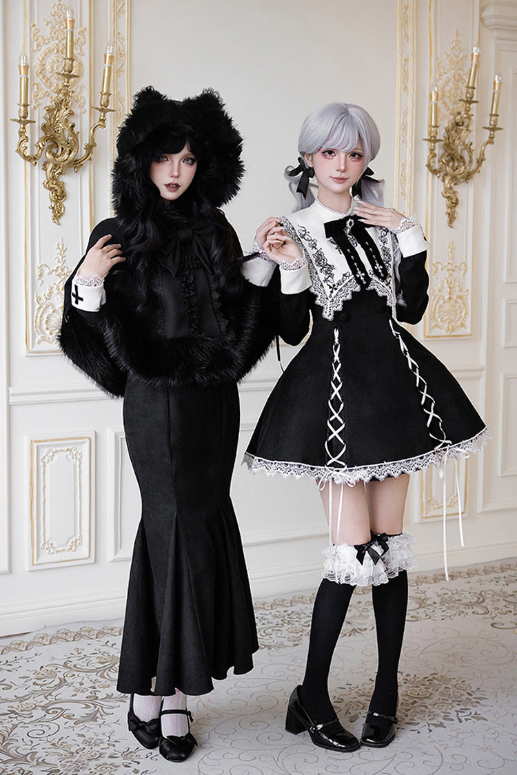 Black/White [Rose Doll] Square Collar Long Sleeves Bowknot Lace-Up Gothic Lolita Dress Set 2 Versions - Product - 11