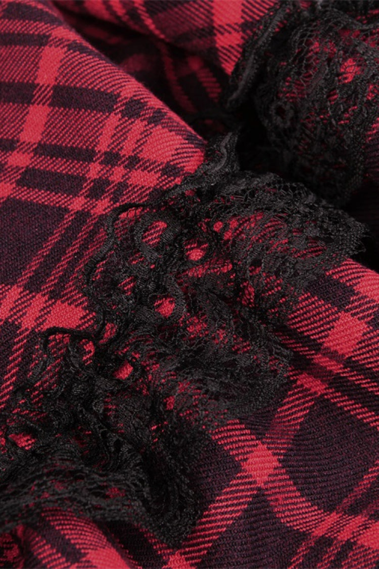 Red Sleeveless Hem Plaid Layered Lace Women's Punk Mini Strap Dress - Product - 20