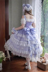 Purple [Lavender] Sleeveless Multi-Layered Print Ruffle Bowknot Lace-Up Sweet Elegant Lolita Jsk Dress Set - Product - 5