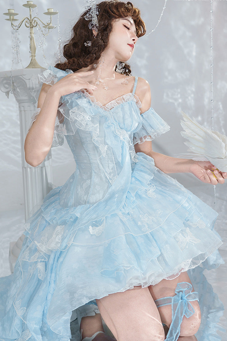 Blue [Summer of Bubbles] Sleeveless Ruffle Embroidery Lace Irregular Train Sweet Lolita Jsk Dress - Product - 6