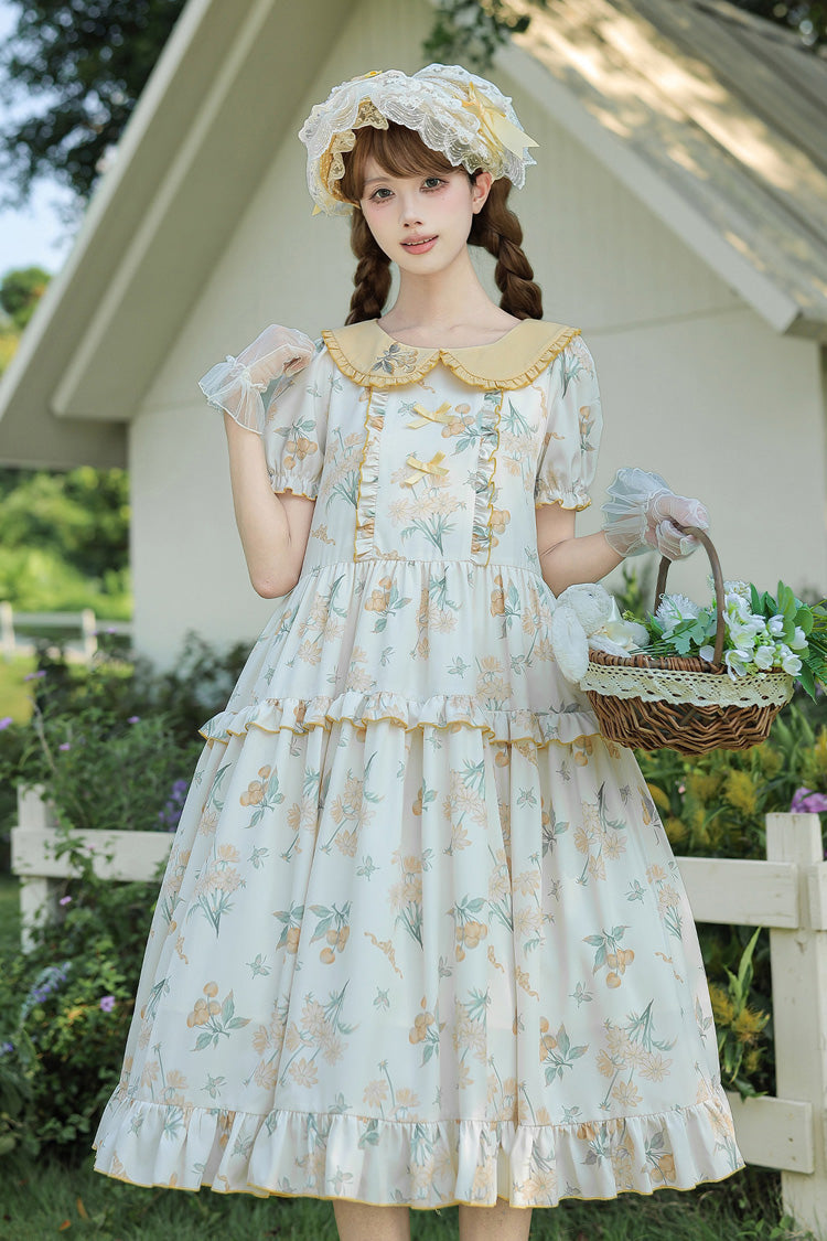 [Breezy Summer Blossoms] Peter Pan Collar Short Sleeves Jacquard Printed Ruffled Embroidered Bow Sweet Lolita Dress 2 Colors (Yellow, Purple) - Product - 15