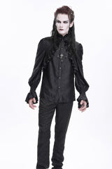 Black Stand Collar Long Sleeves Ruffle Lace Cross Men's Gothic Blouse - Product - 8