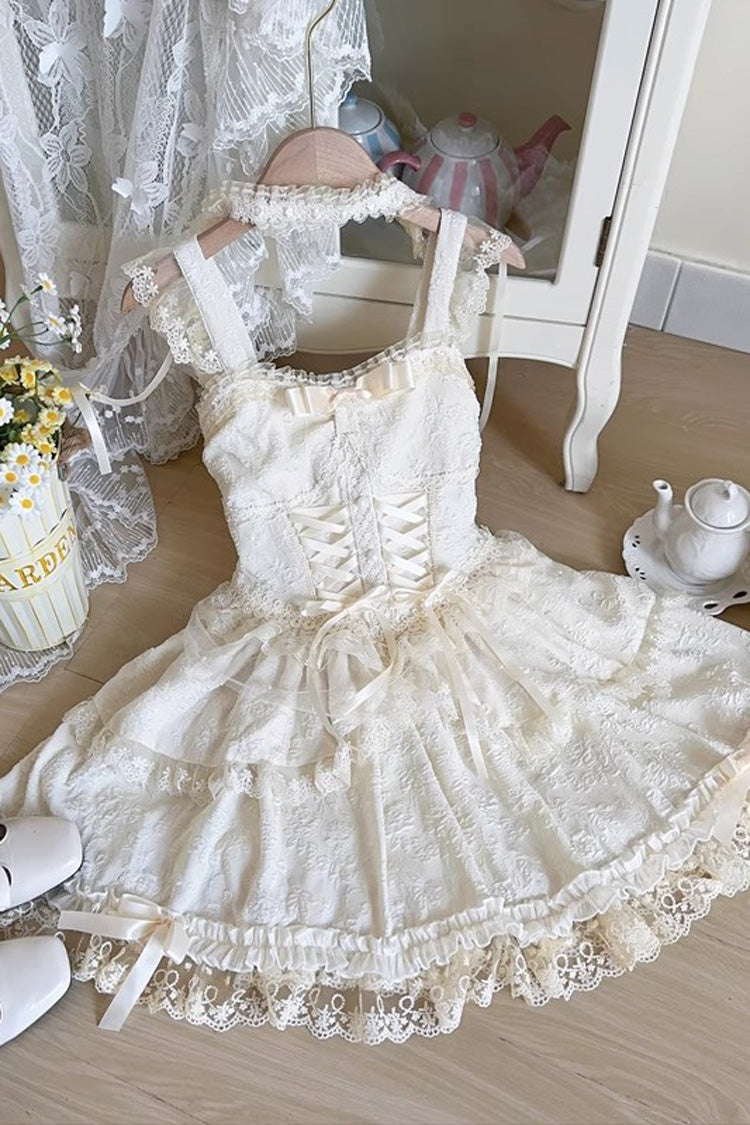 Green [Leiffu] Sleeveless Ruffle Bowknot Lace Lace-Up Sweet Ballet Lolita Jsk Dress - Apricot - 7