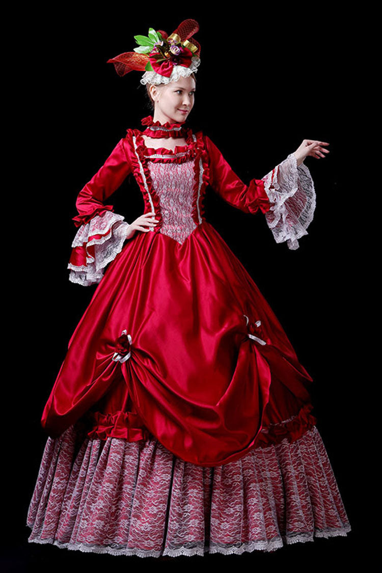 Red Multi-Layer Hime Sleeves High Waisted Hollow Embroidery Floral Print Victorian Lolita Prom Dress - Product - 4