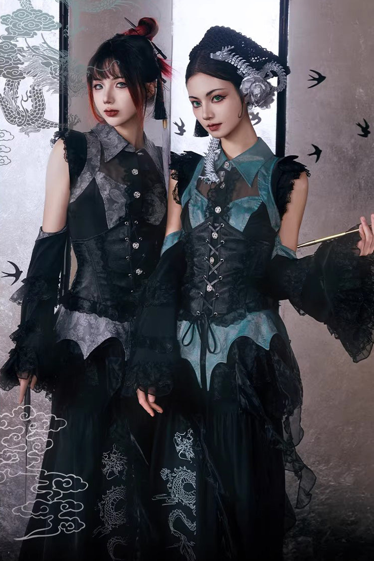 [Sky Dragon] Round Collar Printed Embroidered Lace-Up Gothic Chinese Style Lolita Skirt Set 2 Colors - Product - 6