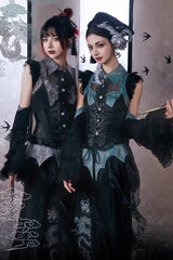 [Sky Dragon] Round Collar Printed Embroidered Lace-Up Gothic Chinese Style Lolita Skirt Set 2 Colors - Product - 6