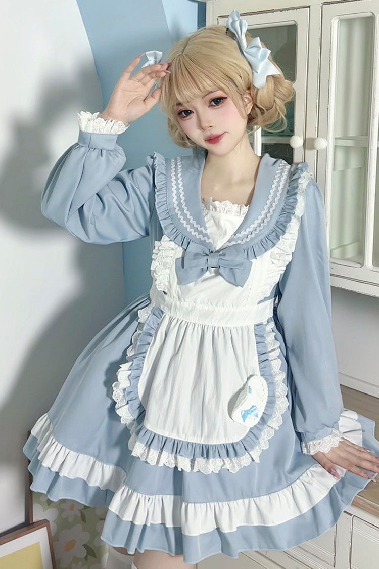 Blue Maid Long Sleeves Ruffle Bowknot Sweet College Style Lolita Dress 2 Colors - Blue - 1