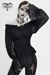 Black Off Shoulder Long Sleeves Ruffle Lace Women's Gothic Blouse - Product - 2