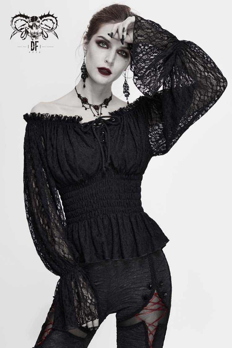 Black Off Shoulder Long Sleeves Ruffle Lace Women's Gothic Blouse - Product - 2