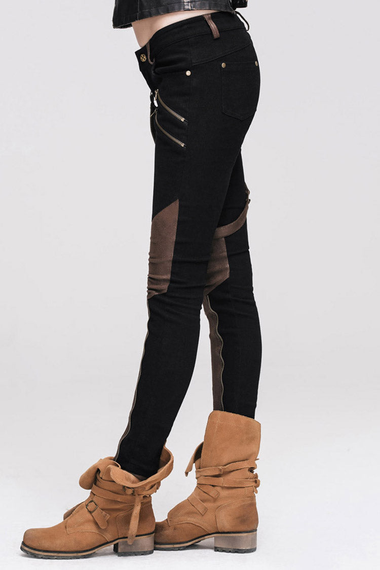 Punk Black Metal Ring Decoration Brown Leg Bag Twill Women's Pants - Product - 5