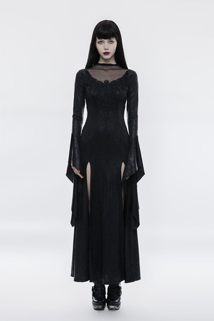 Black Long Trumpet Sleeves Embroidery Women's Gothic Gorgeous Open Forklift High Cross Dress - Black - 1