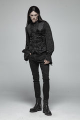 Black Retro Jacquard Front Woven Strap Metal Button Men's Gothic Vest - Product - 7