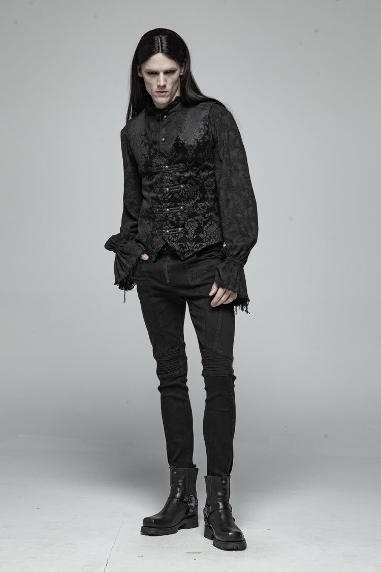 Black Retro Jacquard Front Woven Strap Metal Button Men's Gothic Vest - Product - 7
