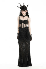 Black Spaghetti Straps Sheer Double-Layered Ruffled Lace Women's Gothic Top - Black - 1