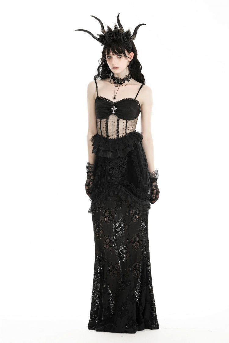 Black Spaghetti Straps Sheer Double-Layered Ruffled Lace Women's Gothic Top - Black - 1
