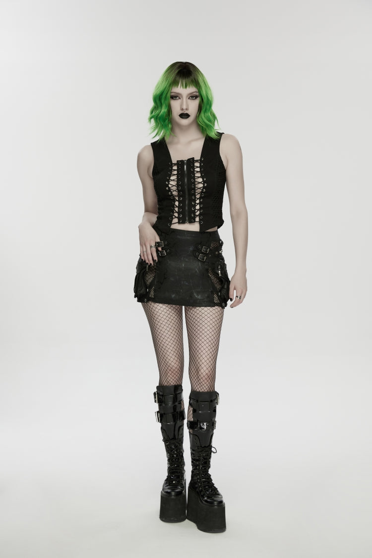 Black Off Shoulder Sleeveless Cut-Out Lace-Up Irregular Women's Punk Cool Vest - Product - 5