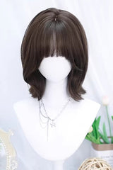 Shoulder Length Short Wig with Air Bangs Sweet Lolita Style 2 Colors - Cool-Brown - 1