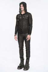 Black Striped Sheer Long Sleeve Men's Punk Sweatshirt Hooded - Product - 5