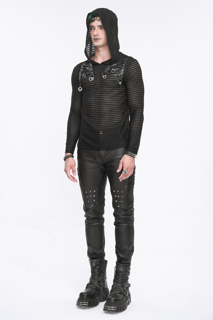 Black Striped Sheer Long Sleeve Men's Punk Sweatshirt Hooded - Product - 5