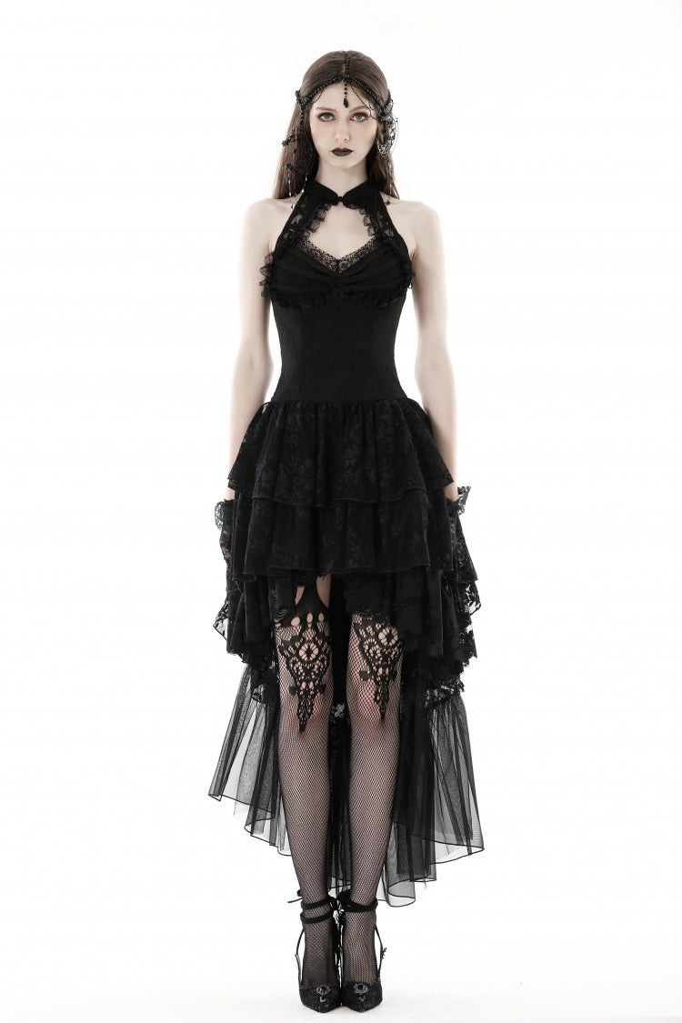 Black Off Shoulder Halterneck Sleeveless Irregular High Low Multi-Layered Lace Women's Gothic Dress - Product - 5