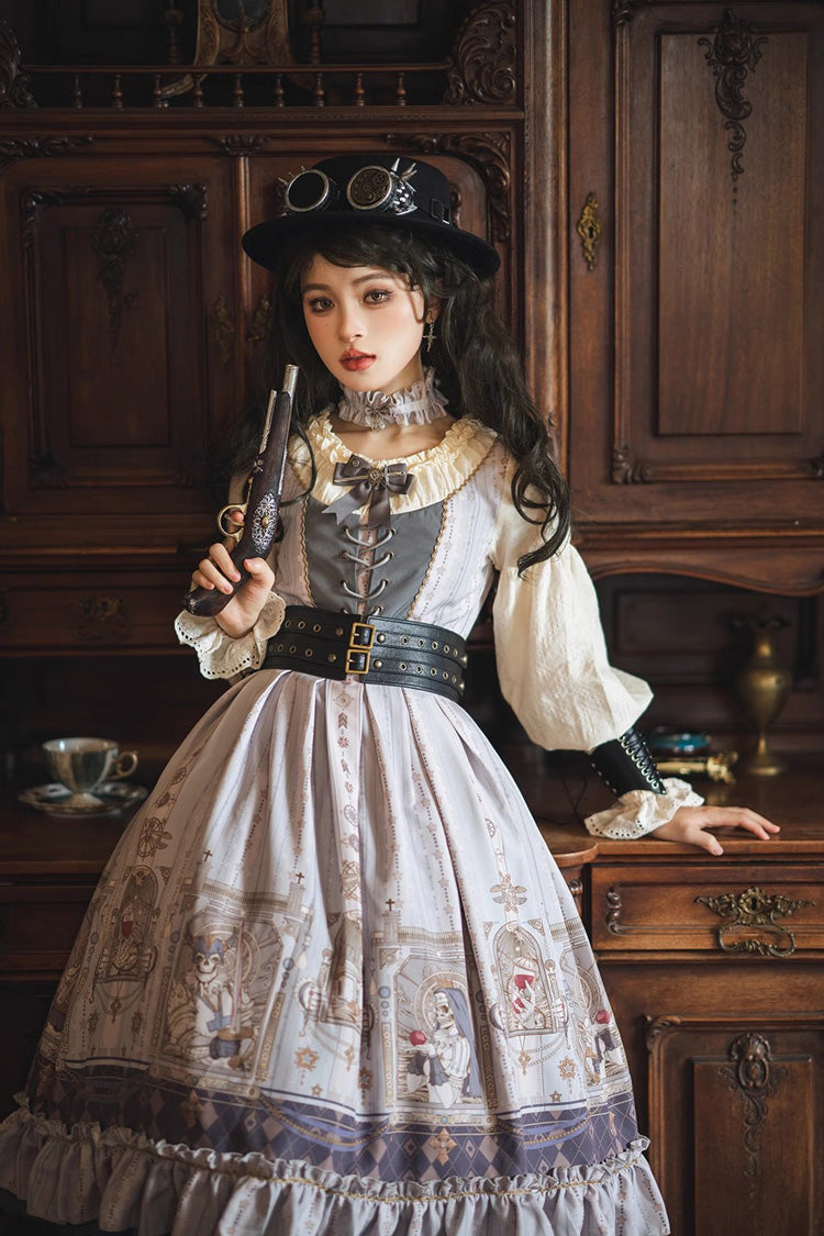 Demon Hunting Notes Long Lantern Sleeves Print Ruffle Sweet Elegant Lolita Dress 2 Colors - Product - 12