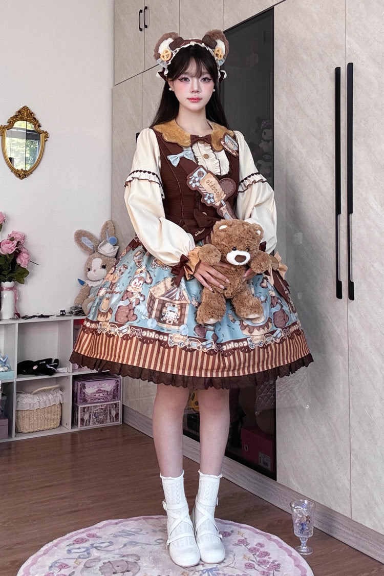 [Bear Cookies] Print Ruffle Bowknot Sweet Lolita JSK Dress 2 Colors - Product - 2