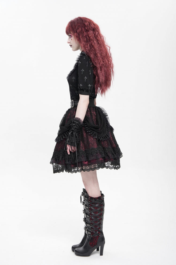 Black/Red Multi-Layered Ruffle Buckle Straps Women's Gothic Skirt - Product - 10