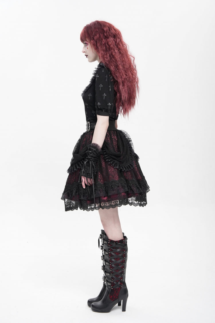 Black/Red Multi-Layered Ruffle Buckle Straps Women's Gothic Skirt - Product - 10