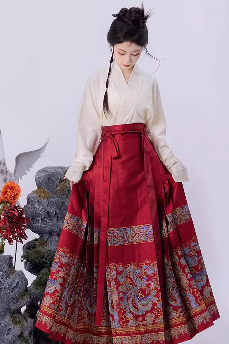 Red Chinese Style Print High Waisted Womens Hanfu Skirt - Product - 4