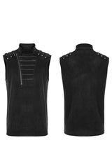 Black Punk Stand Collar Anterior Middle Asymmetry Design Zipper Shoulder Decorate Webbing Men's Vest - Product - 5