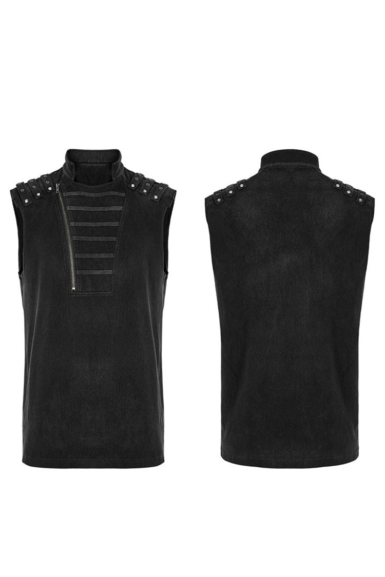 Black Punk Stand Collar Anterior Middle Asymmetry Design Zipper Shoulder Decorate Webbing Men's Vest - Product - 5