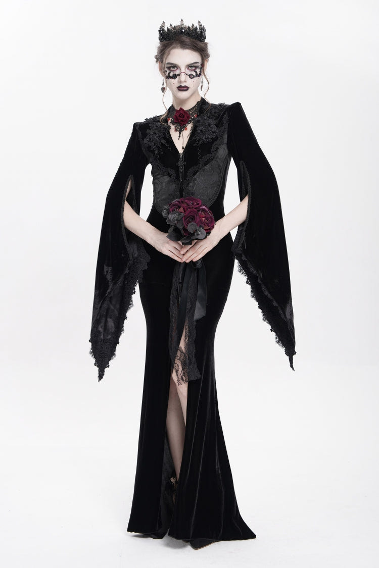 Black V Collar Long Trumpet Sleeves Floral Embroidered Velvet Women's Gothic Dress - Product - 12