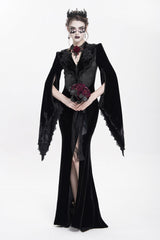 Black V Collar Long Trumpet Sleeves Floral Embroidered Velvet Women's Gothic Dress - Product - 12