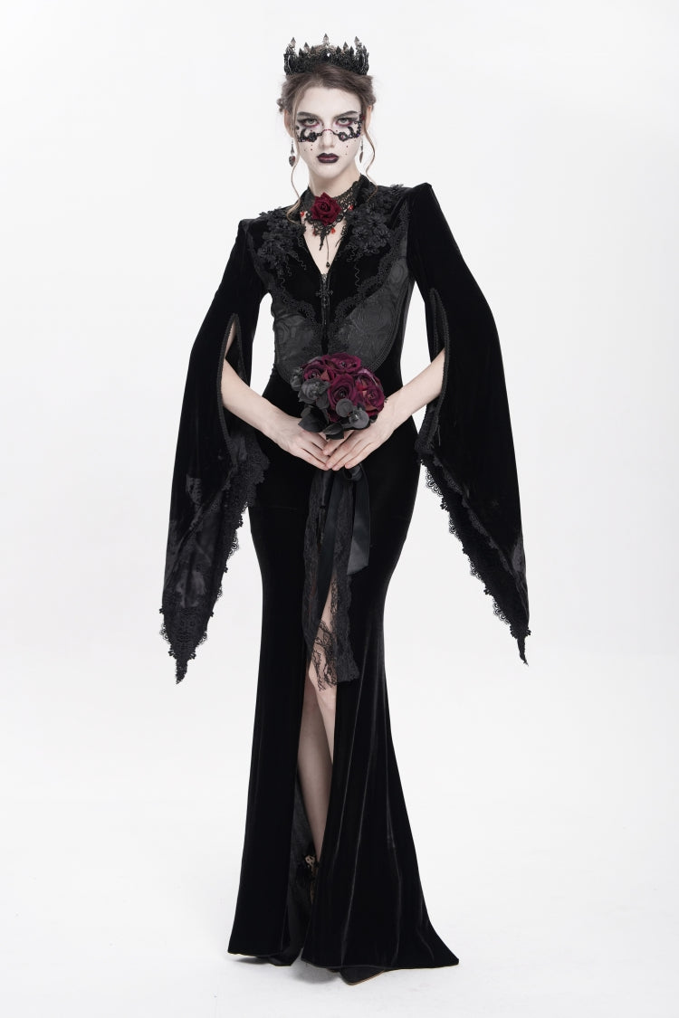 Black V Collar Long Trumpet Sleeves Floral Embroidered Velvet Women's Gothic Dress - Product - 12