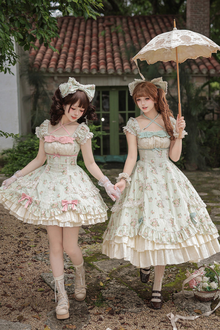 Green [An Encounter with Austin] Square Collar Short Sleeves Multi-Layered Rose Printed Ruffled Bow Lace Sweet Lolita Dress 2 Versions - Product - 5
