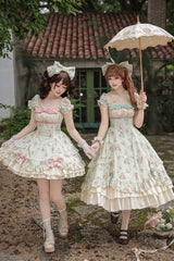 Green [An Encounter with Austin] Square Collar Short Sleeves Multi-Layered Rose Printed Ruffled Bow Lace Sweet Lolita Dress 2 Versions - Product - 5