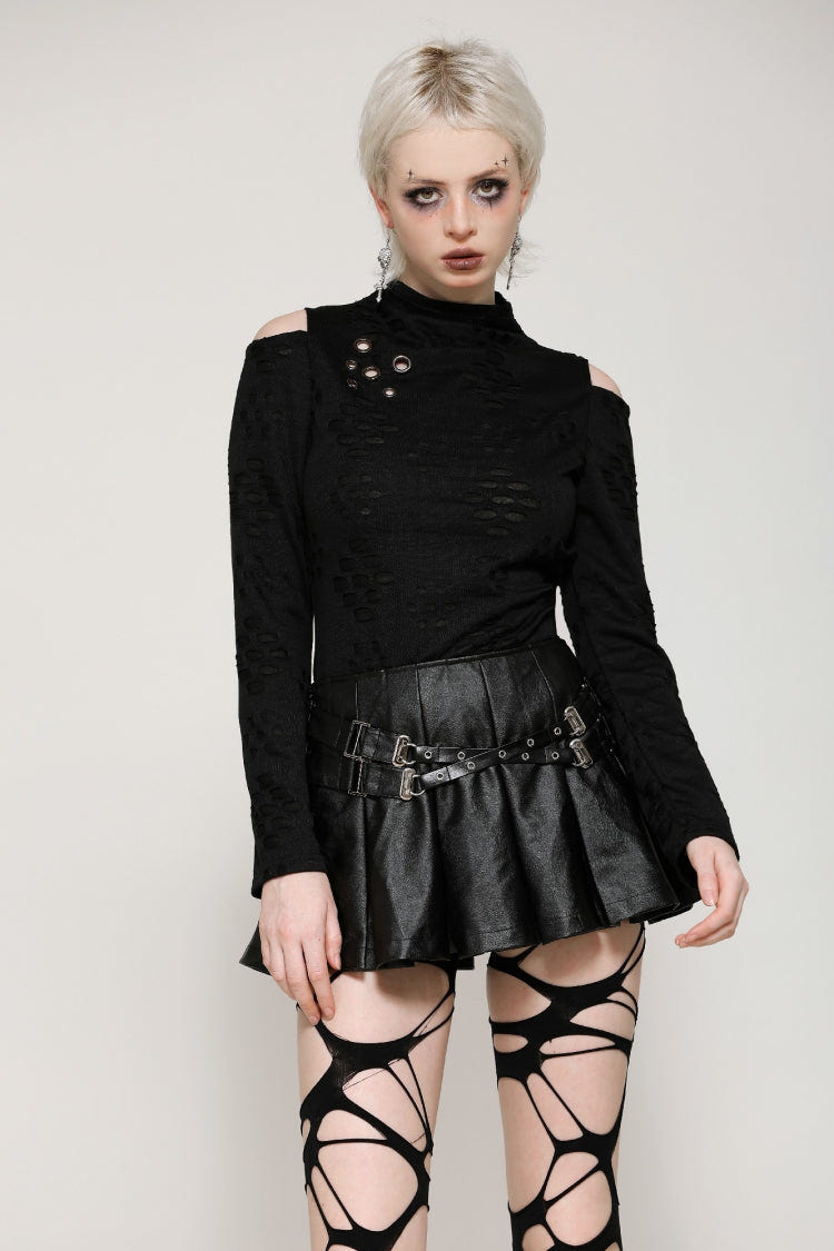 Black Long Sleeves Cut-Out Ripped Zippered Eyelets Women's Punk Distressed Top - Black - 1
