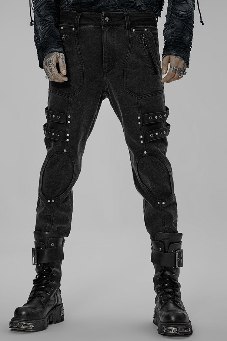 Black Skull Buckles Stitching Metal Nails Men's Steampunk Pants - Black - 1