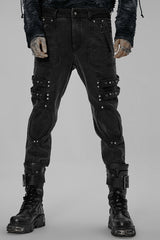 Black Skull Buckles Stitching Metal Nails Men's Steampunk Pants - Black - 1