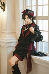 Black/Red [Moonlit Return] Jacquard Printed Lace-Up Gothic Elegant Ouji Lolita (Blouse/Pants/Shorts/Vest) - Product - 2
