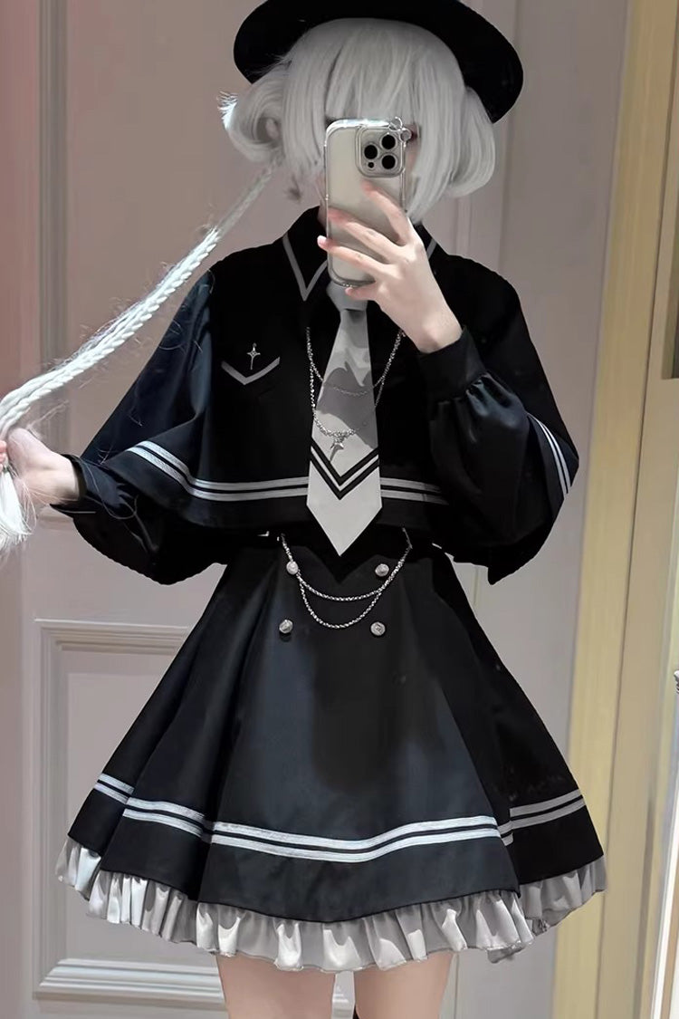 [Starlight Command] Long Sleeves Printed Ruffled Chain-Decorated Gothic Jirai Kei Dress Set 2 Colors - Black - 1
