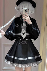 [Starlight Command] Long Sleeves Printed Ruffled Chain-Decorated Gothic Jirai Kei Dress Set 2 Colors - Black - 1