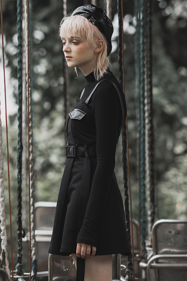 Black High Waist Belted PU Leather Strap Irregular Women's Steam Punk Dress - Product - 2