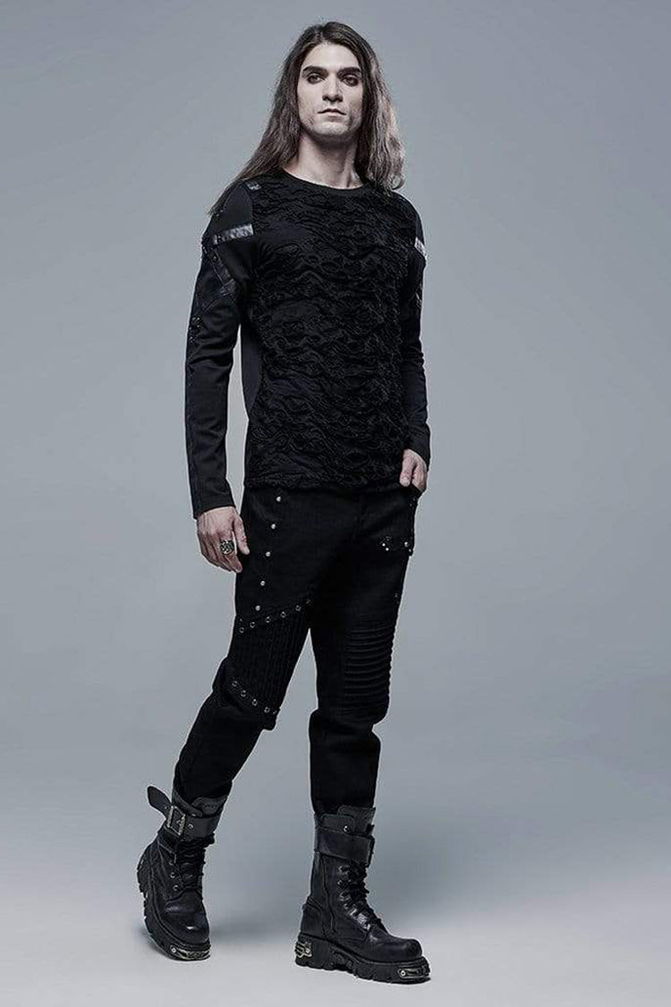 Black Long Sleeve Leather Strap Decoration Broken Holes Knit Men's Punk T-Shirt - Product - 4