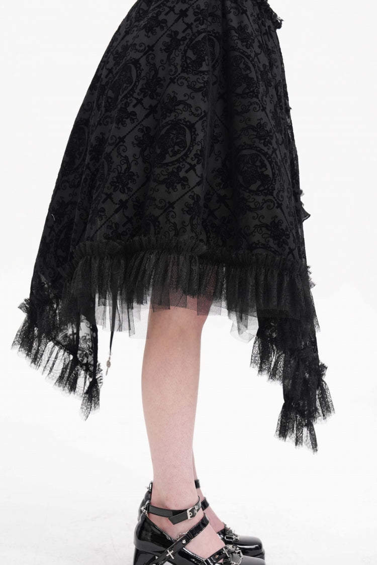 Black Jacquard Cut-Out Lace Asymmetric Pleated Women's Gothic Luxurious Skirt - Product - 9
