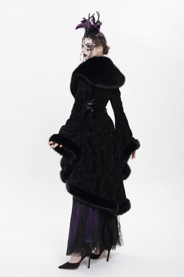 Black Long Sleeves Floral Embroidery Women's Gothic Fluffy Coat - Product - 7