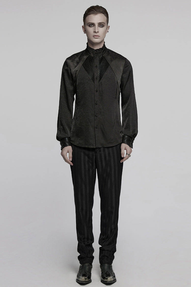 Black Stand Collar Long Sleeves Ruffle Pleated Men's Gothic Blouse - Product - 4